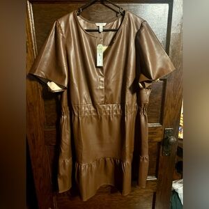 Nine.Eight Brown Pleather Short Sleeve Midi Dress , Size 2x NWT